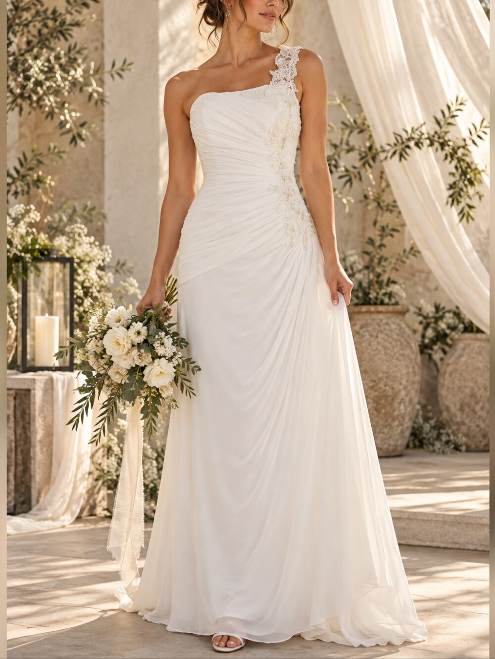 David's bridal gown one shoulder Trumpet White draped Wedding Dress size 4